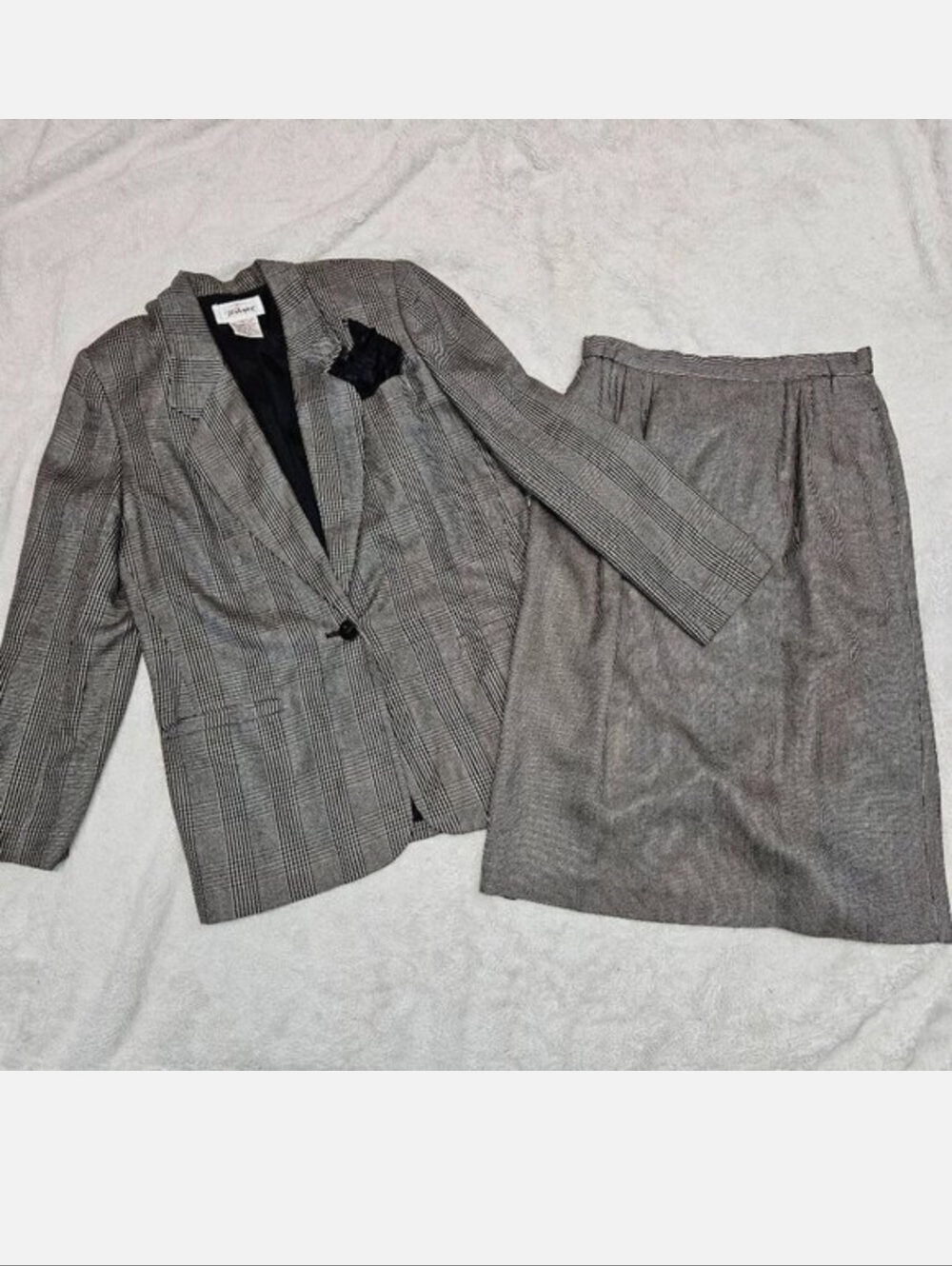 Vintage Worthington Black White Tan Plaid Suit Blazer Skirt 8‎ Office Classic
